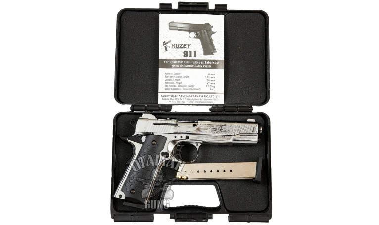 Стартовый пистолет KUZEY 911 Chrome Engraved с дополнительным магазином
