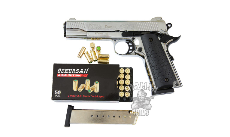 Стартовый пистолет KUZEY 911 Chrome Engraved с дополнительным магазином