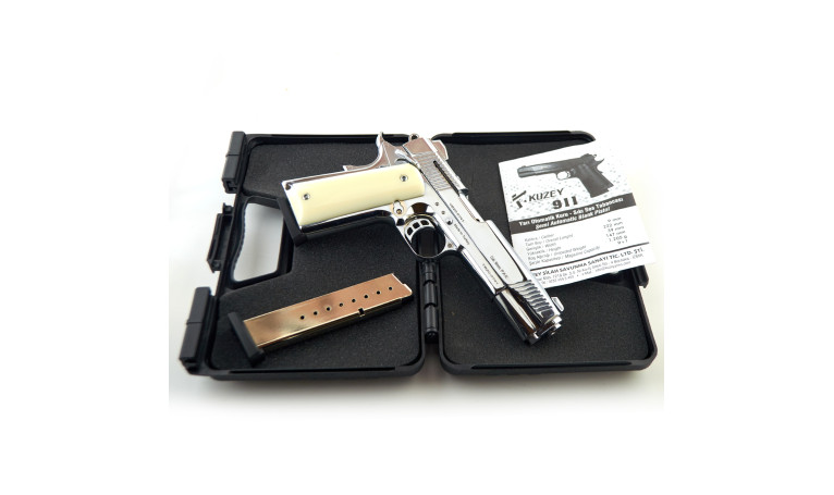Стартовый пистолет KUZEY 911 Shiny Chrome Plating/White Grips с дополнительным магазином