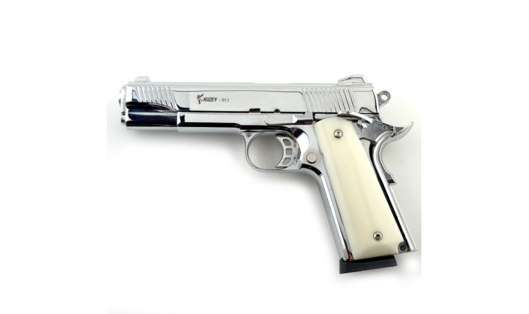 Стартовый пистолет KUZEY 911 Shiny Chrome Plating/White Grips с дополнительным магазином