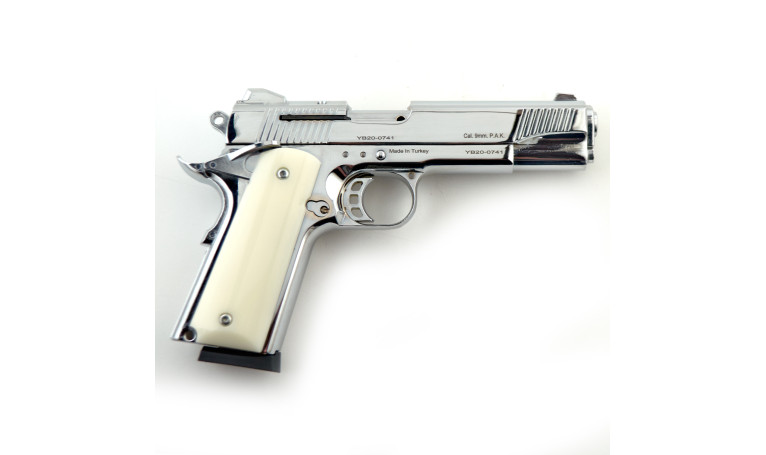 Стартовый пистолет KUZEY 911 Shiny Chrome Plating/White Grips с дополнительным магазином